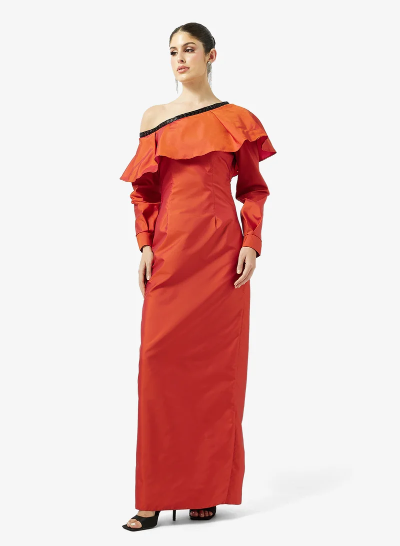 One Shoulder Evening Dress With Statement Ruffle